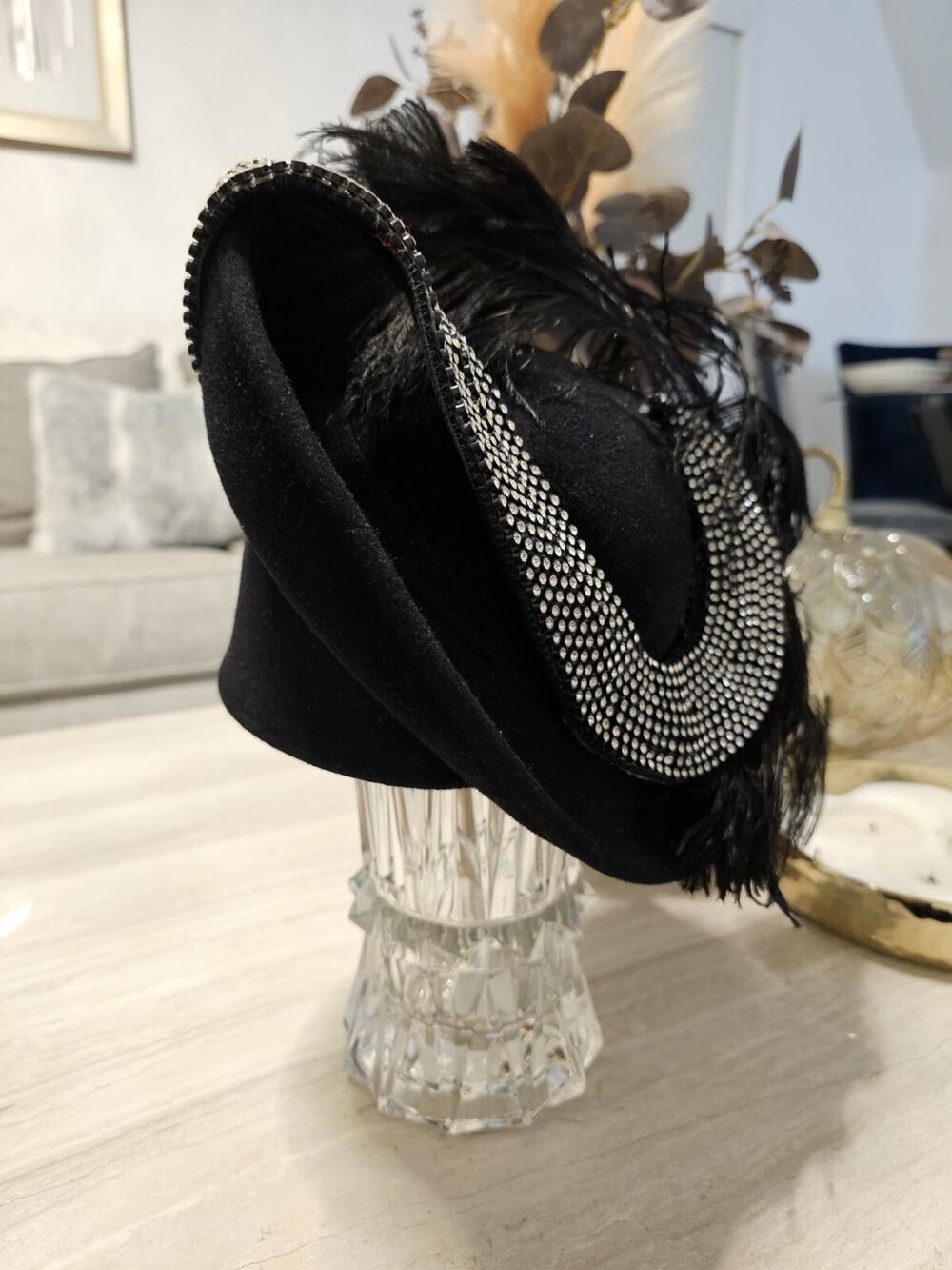 Jack McConnell Black Wool Felt Hat Rhinestones Feathers,Vintage Ladies' Boutique